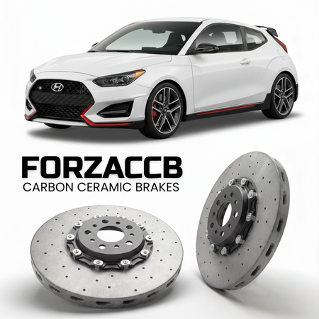 ForzaCCB direct OEM replacement carbon ceramic brake rotors for 2019 to 2022 Hyundai Veloster N models, shown with a white Hyundai Veloster N car.