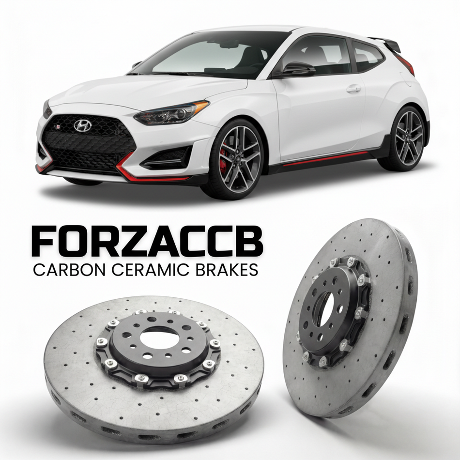 ForzaCCB direct OEM replacement carbon ceramic brake rotors for 2019 to 2022 Hyundai Veloster N models, shown with a white Hyundai Veloster N car.