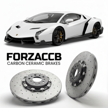 ForzaCCB direct OEM replacement carbon ceramic brake rotors for 2013 to 2014 Lamborghini Veneno models, shown with a white Lamborghini Veneno car.