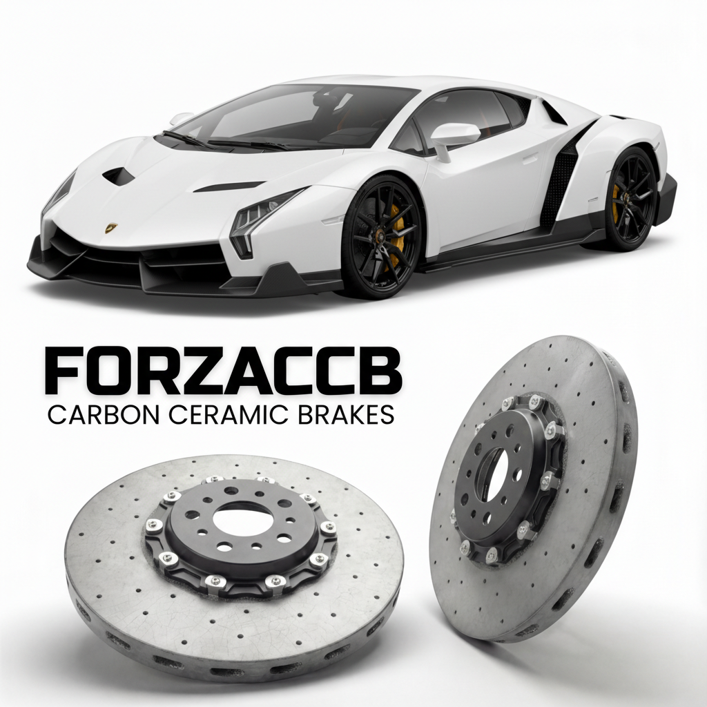 ForzaCCB direct OEM replacement carbon ceramic brake rotors for 2013 to 2014 Lamborghini Veneno models, shown with a white Lamborghini Veneno car.