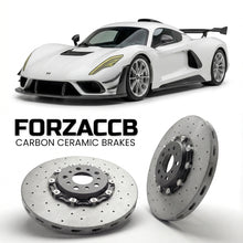 ForzaCCB direct OEM replacement carbon ceramic brake rotors for 2020 and newer Hennessey Venom F5 models, shown with a white Hennessey Venom F5 car.