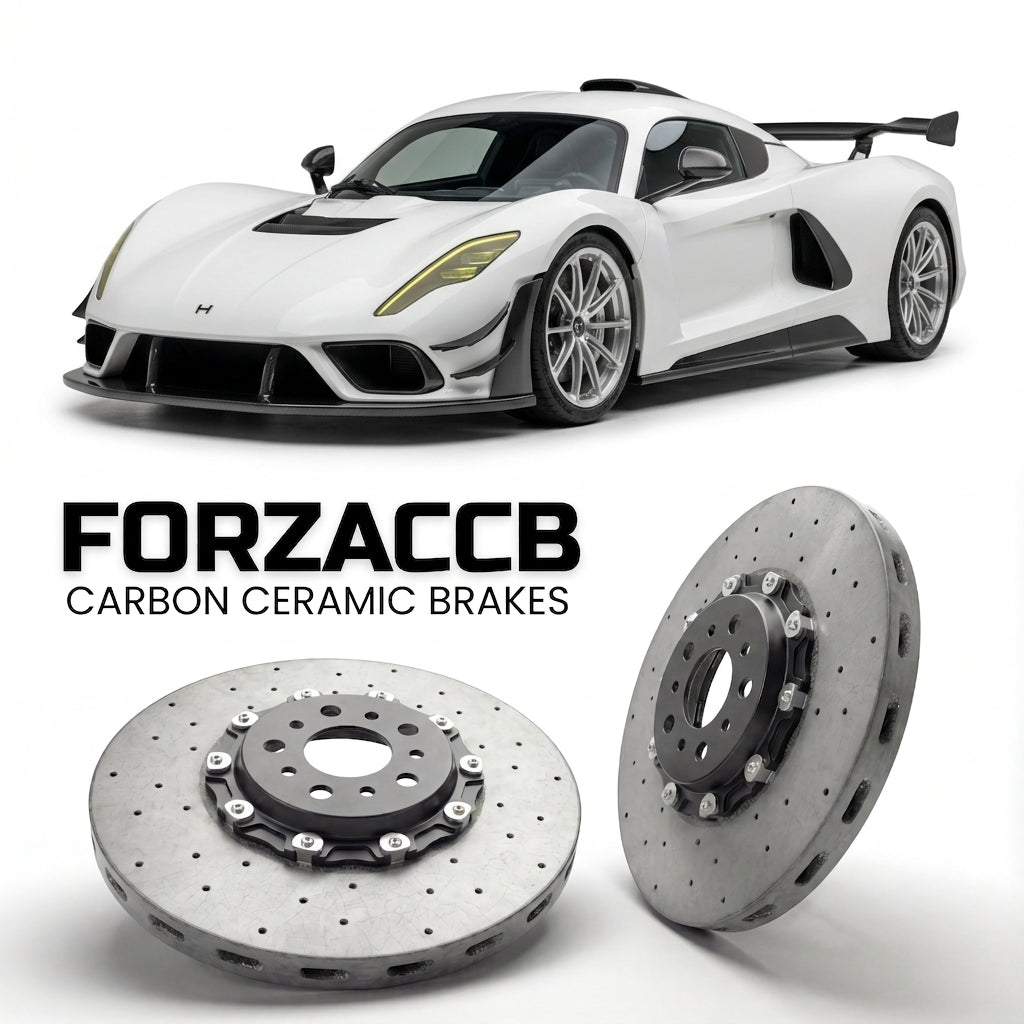 ForzaCCB direct OEM replacement carbon ceramic brake rotors for 2020 and newer Hennessey Venom F5 models, shown with a white Hennessey Venom F5 car.