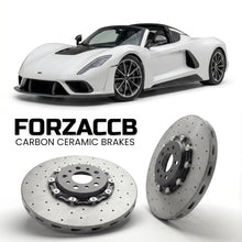 ForzaCCB direct OEM replacement carbon ceramic brake rotors for 2022 and newer Hennessey Venom F5 Roadster models, shown with a white Hennessey Venom F5 car.