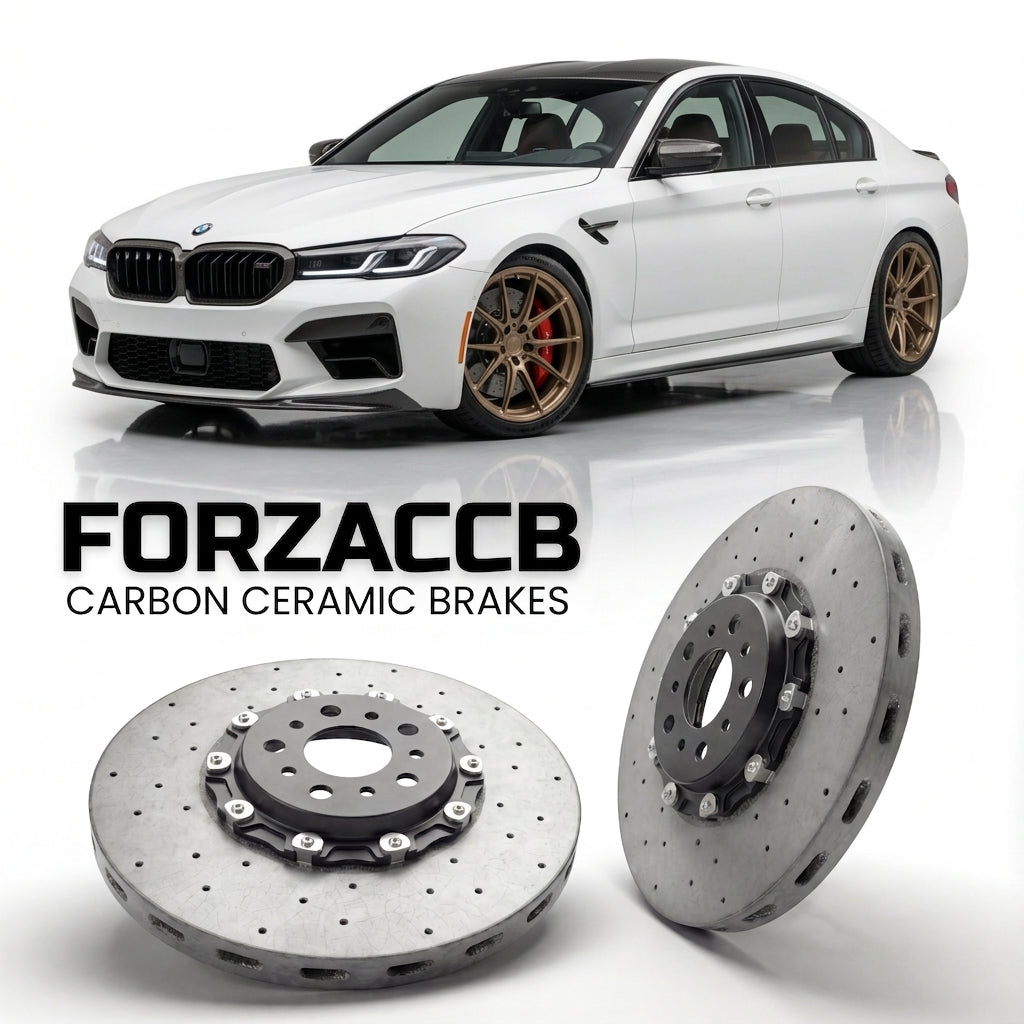 ForzaCCB direct OEM replacement carbon ceramic brake rotors for 2014 to 2017 Hennessey Venom GT models, shown with a white Hennessey Venom GT car.