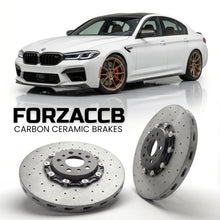 ForzaCCB direct OEM replacement carbon ceramic brake rotors for 2014 to 2017 Hennessey Venom GT models, shown with a white Hennessey Venom GT car.