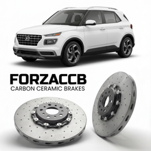 ForzaCCB direct OEM replacement carbon ceramic brake rotors for 2020 to 2026 Hyundai Venue models, shown with a white Hyundai Venue car.