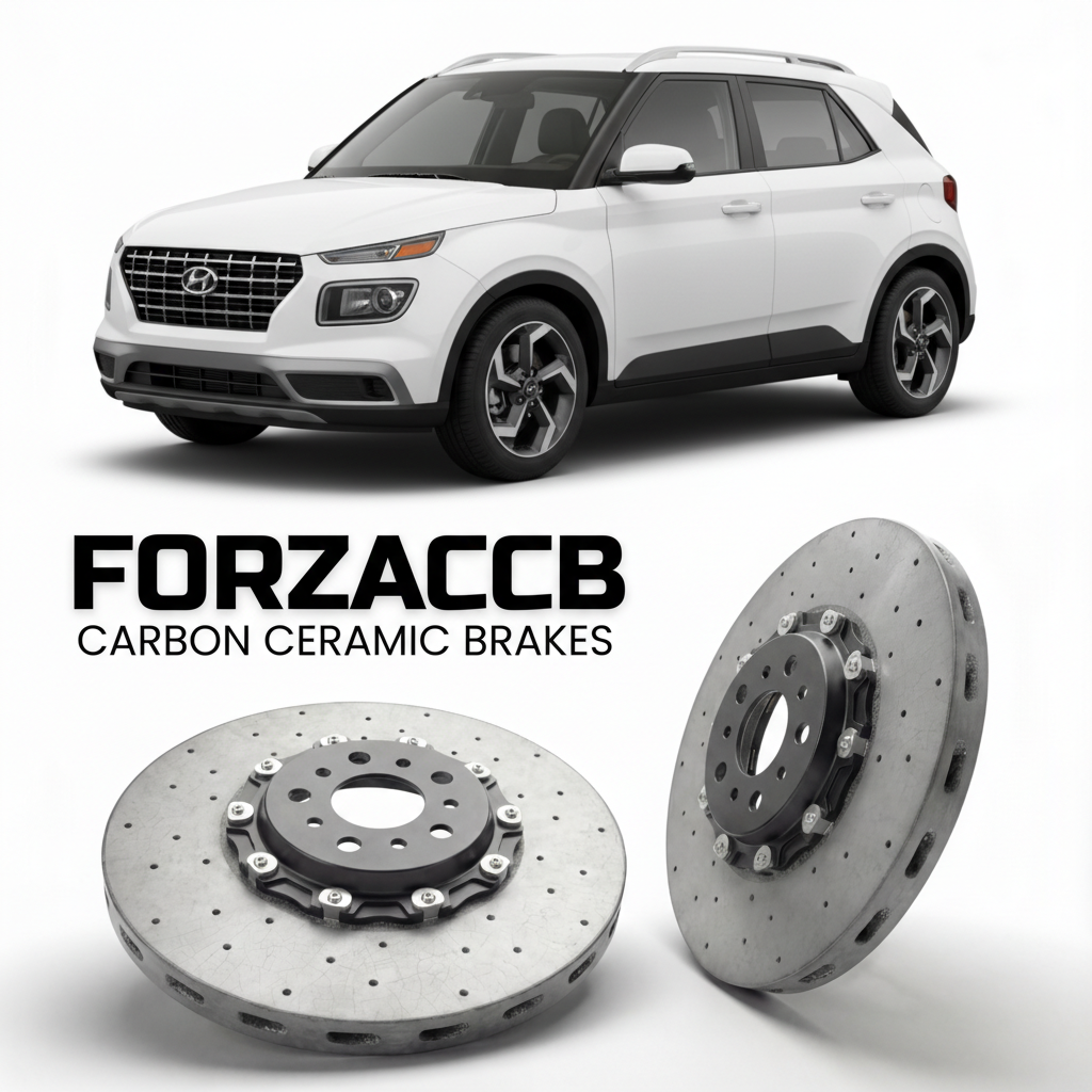 ForzaCCB direct OEM replacement carbon ceramic brake rotors for 2020 to 2026 Hyundai Venue models, shown with a white Hyundai Venue car.