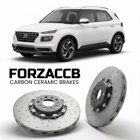 ForzaCCB direct OEM replacement carbon ceramic brake rotors for 2020 to 2026 Hyundai Venue models, shown with a white Hyundai Venue car.