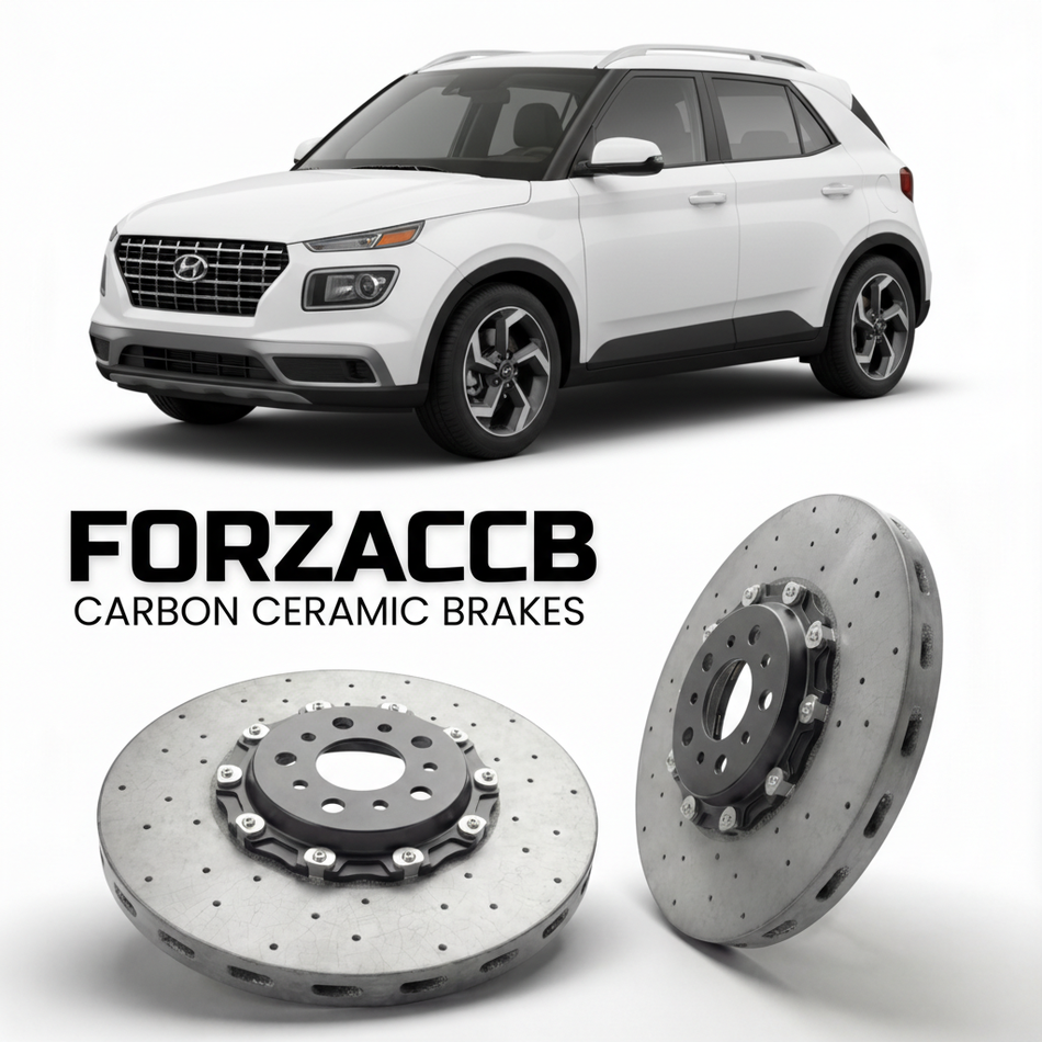 ForzaCCB direct OEM replacement carbon ceramic brake rotors for 2020 to 2026 Hyundai Venue models, shown with a white Hyundai Venue car.
