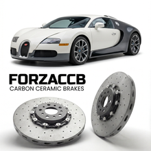 ForzaCCB direct OEM replacement carbon ceramic brake rotors for 2005 to 2011 Bugatti Veyron Coupe models, shown with a white Bugatti Veyron car.