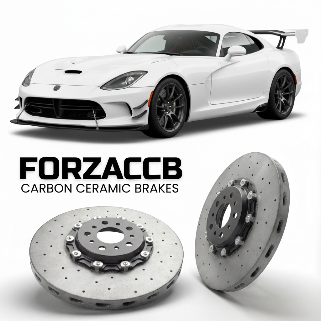 ForzaCCB direct OEM replacement carbon ceramic brake rotors for 2016 to 2017 Dodge Viper ACR Gen 5 models, shown with a white Dodge Viper ACR car.