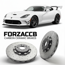 ForzaCCB direct OEM replacement carbon ceramic brake rotors for 2016 to 2017 Dodge Viper ACR Gen 5 models, shown with a white Dodge Viper ACR car.