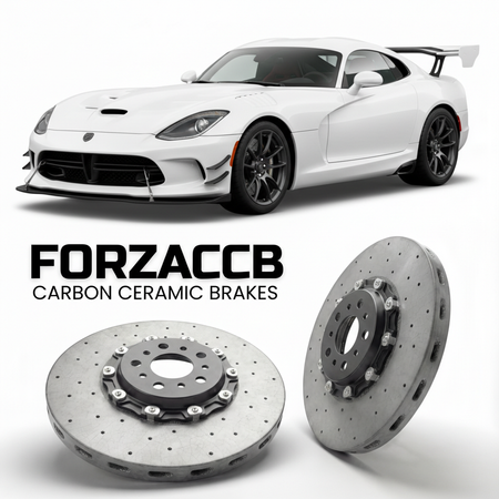 ForzaCCB direct OEM replacement carbon ceramic brake rotors for 2016 to 2017 Dodge Viper ACR Gen 5 models, shown with a white Dodge Viper ACR car.