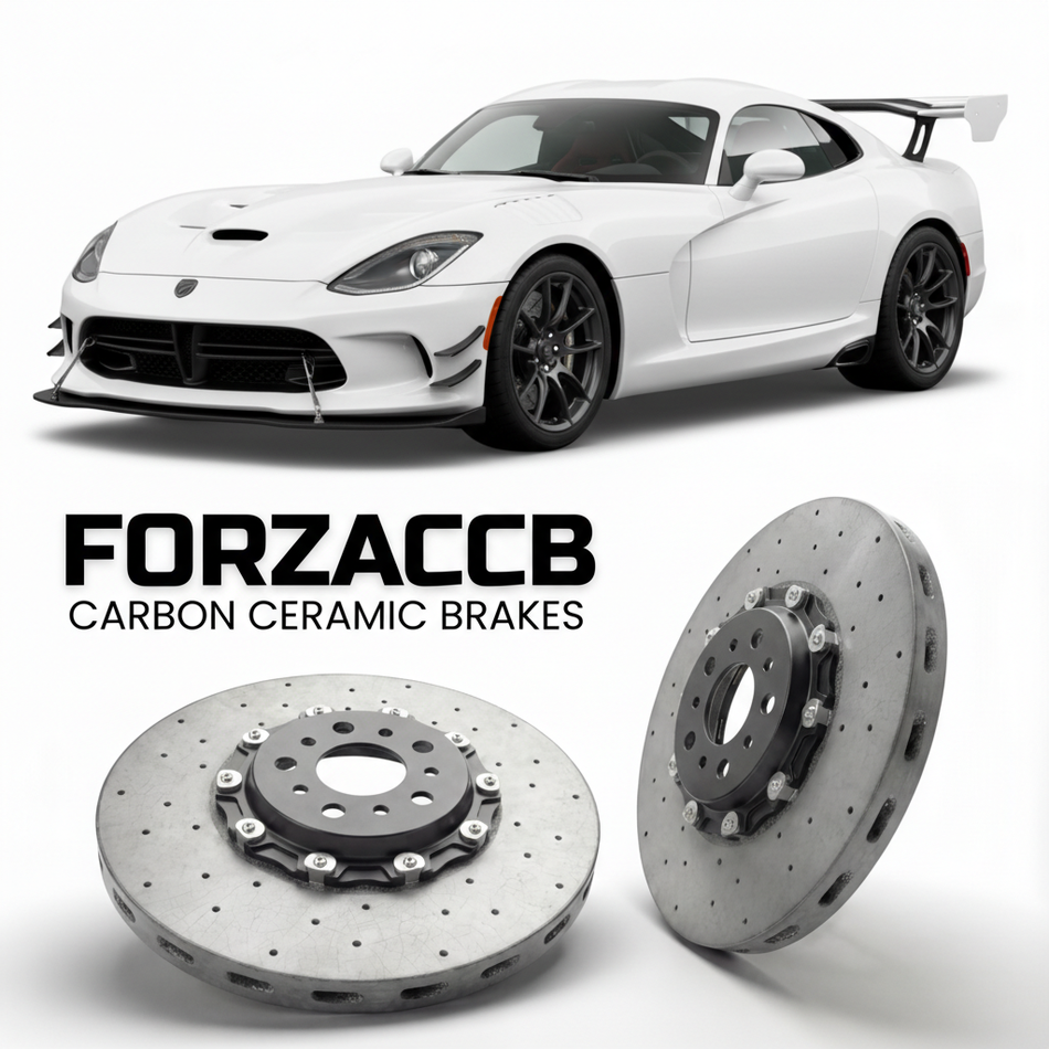 ForzaCCB direct OEM replacement carbon ceramic brake rotors for 2016 to 2017 Dodge Viper ACR Gen 5 models, shown with a white Dodge Viper ACR car.