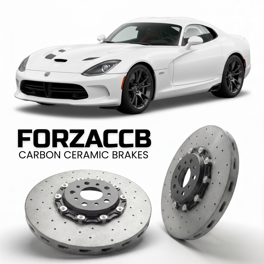 ForzaCCB direct OEM replacement carbon ceramic brake rotors for 2013 to 2017 Dodge Viper SRT/GTS Gen 5 models, shown with a white Dodge Viper SRT/GTS car.