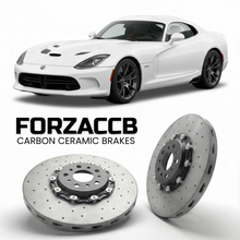 ForzaCCB direct OEM replacement carbon ceramic brake rotors for 2013 to 2017 Dodge Viper SRT/GTS Gen 5 models, shown with a white Dodge Viper SRT/GTS car.