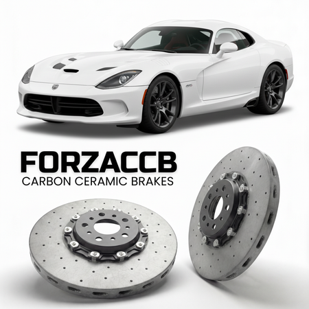 ForzaCCB direct OEM replacement carbon ceramic brake rotors for 2013 to 2017 Dodge Viper SRT/GTS Gen 5 models, shown with a white Dodge Viper SRT/GTS car.