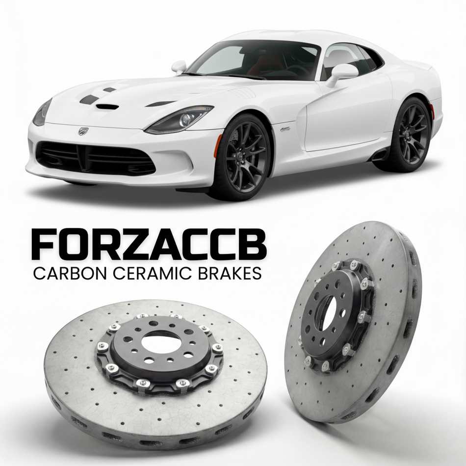 ForzaCCB direct OEM replacement carbon ceramic brake rotors for 2013 to 2017 Dodge Viper SRT/GTS Gen 5 models, shown with a white Dodge Viper SRT/GTS car.