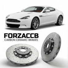 ForzaCCB direct OEM replacement carbon ceramic brake rotors for 2011 to 2012 Aston Martin Virage VH models, shown with a white Aston Martin Virage car.