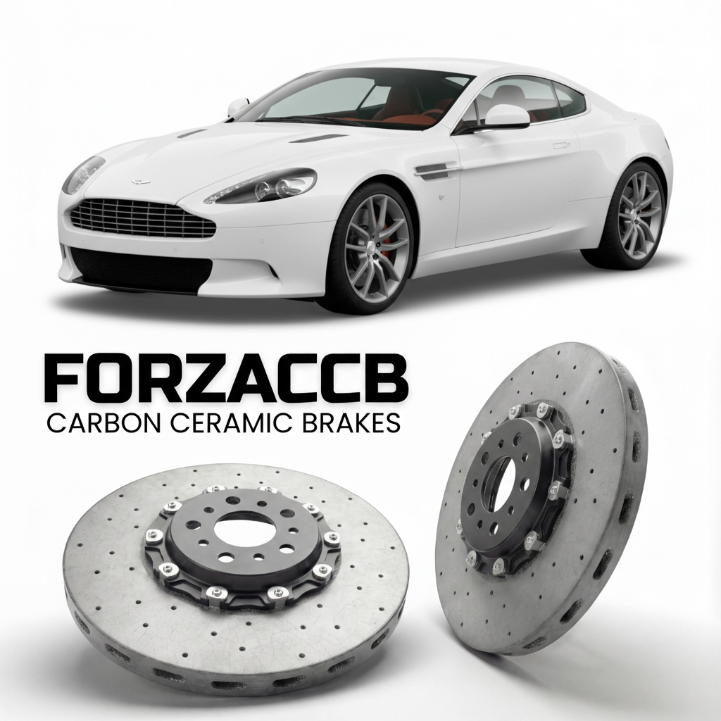 ForzaCCB direct OEM replacement carbon ceramic brake rotors for 2011 to 2012 Aston Martin Virage VH models, shown with a white Aston Martin Virage car.