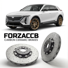 ForzaCCB direct OEM replacement carbon ceramic brake rotors for 2025 and newer Cadillac VISTIQ models, shown with a white Cadillac VISTIQ car.