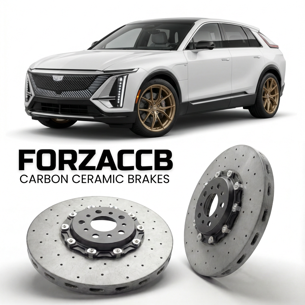 ForzaCCB direct OEM replacement carbon ceramic brake rotors for 2025 and newer Cadillac VISTIQ models, shown with a white Cadillac VISTIQ car.