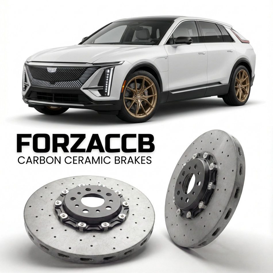 ForzaCCB direct OEM replacement carbon ceramic brake rotors for 2025 and newer Cadillac VISTIQ models, shown with a white Cadillac VISTIQ car.