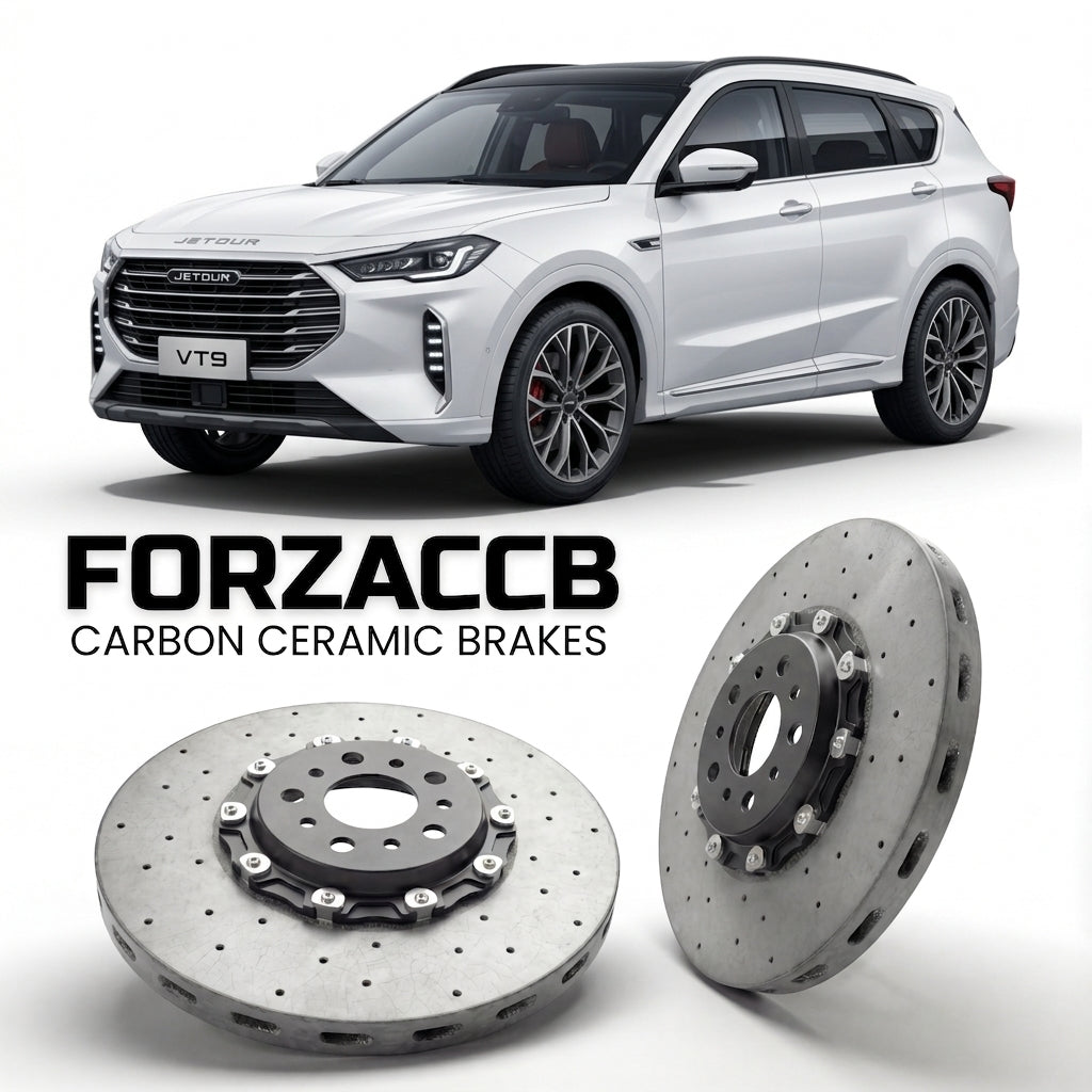 ForzaCCB direct OEM replacement carbon ceramic brake rotors for 2025 and newer Jetour VT9 models, shown with a white Jetour VT9 car.