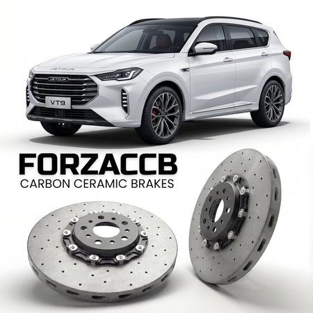 ForzaCCB direct OEM replacement carbon ceramic brake rotors for 2025 and newer Jetour VT9 models, shown with a white Jetour VT9 car.