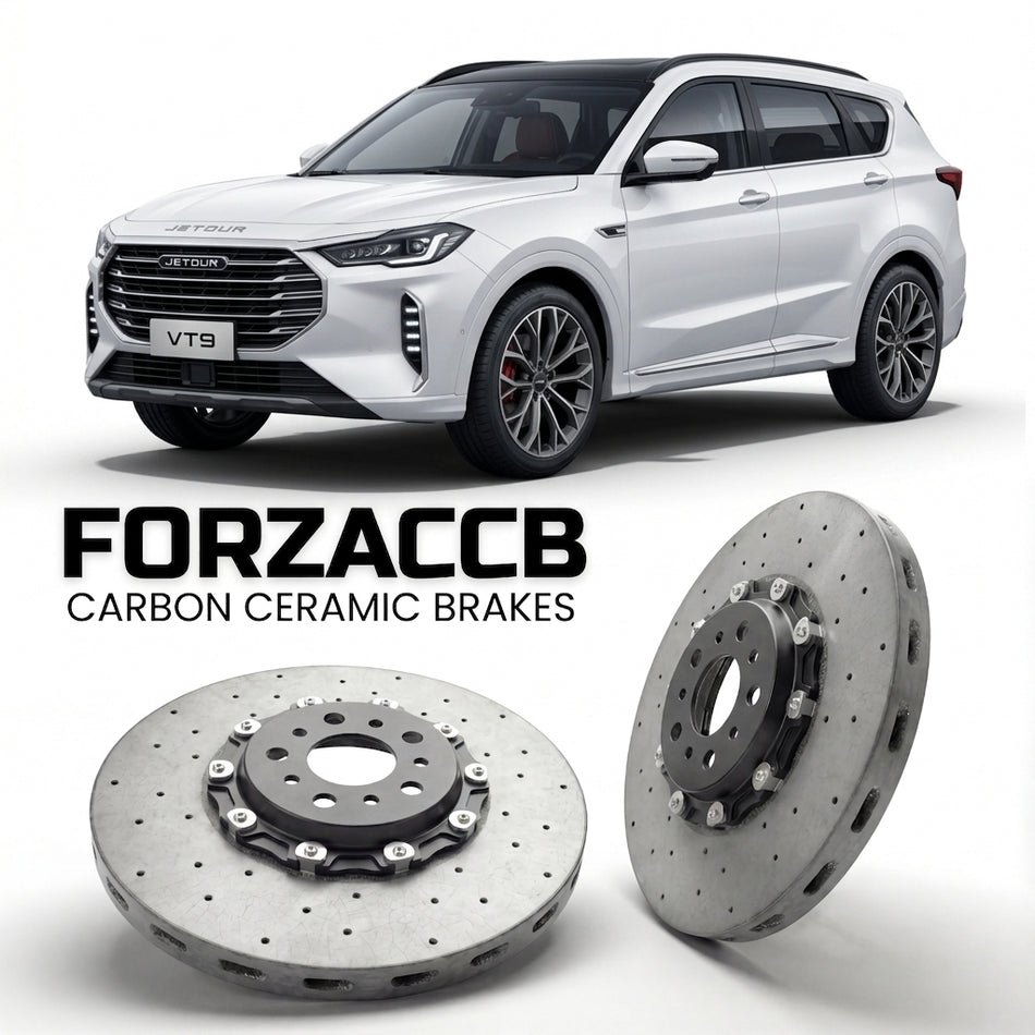 ForzaCCB direct OEM replacement carbon ceramic brake rotors for 2025 and newer Jetour VT9 models, shown with a white Jetour VT9 car.