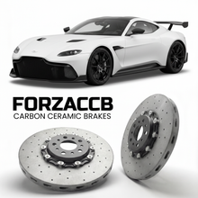ForzaCCB direct OEM replacement carbon ceramic brake rotors for 2015 to 2016 Aston Martin Vulcan models, shown with a white Aston Martin Vulcan car.
