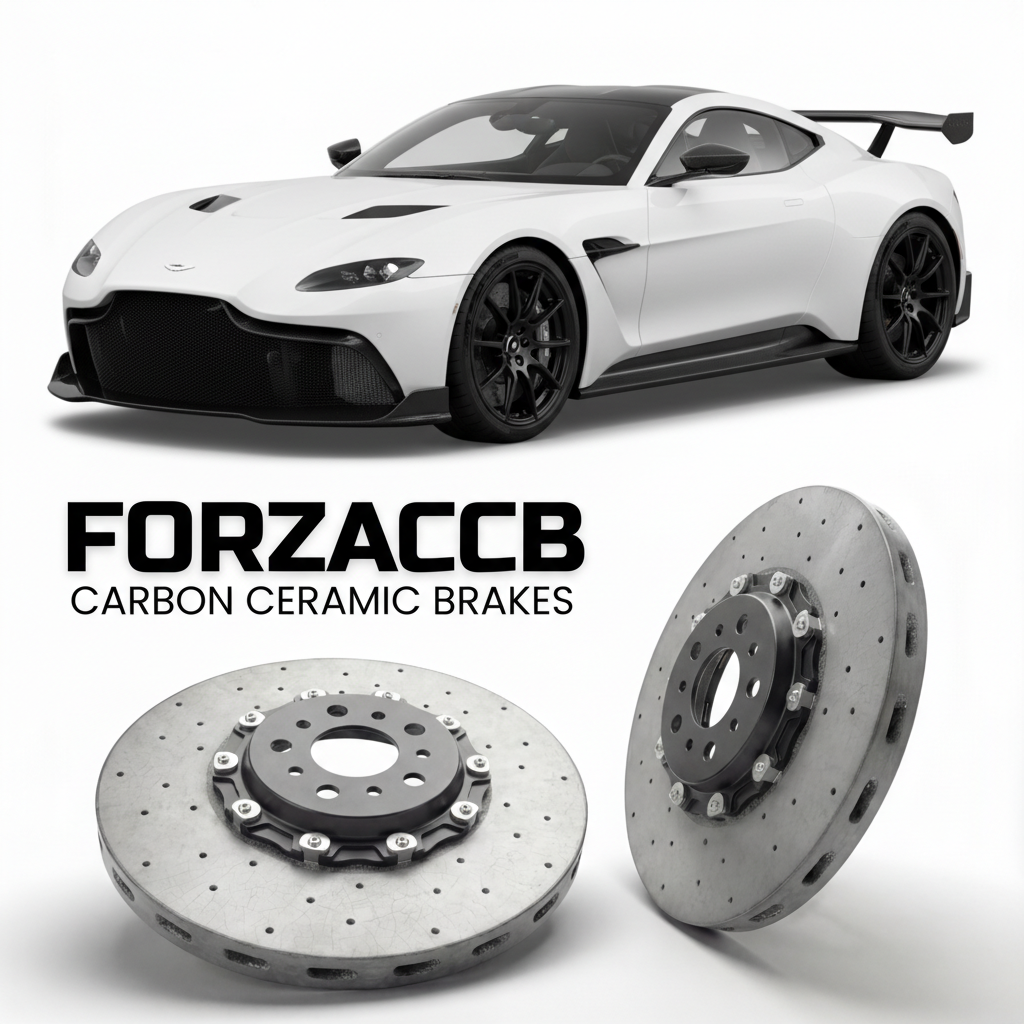 ForzaCCB direct OEM replacement carbon ceramic brake rotors for 2015 to 2016 Aston Martin Vulcan models, shown with a white Aston Martin Vulcan car.