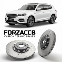 ForzaCCB direct OEM replacement carbon ceramic brake rotors for 2021 to 2023 Exeed VX models, shown with a white Exeed VX car.