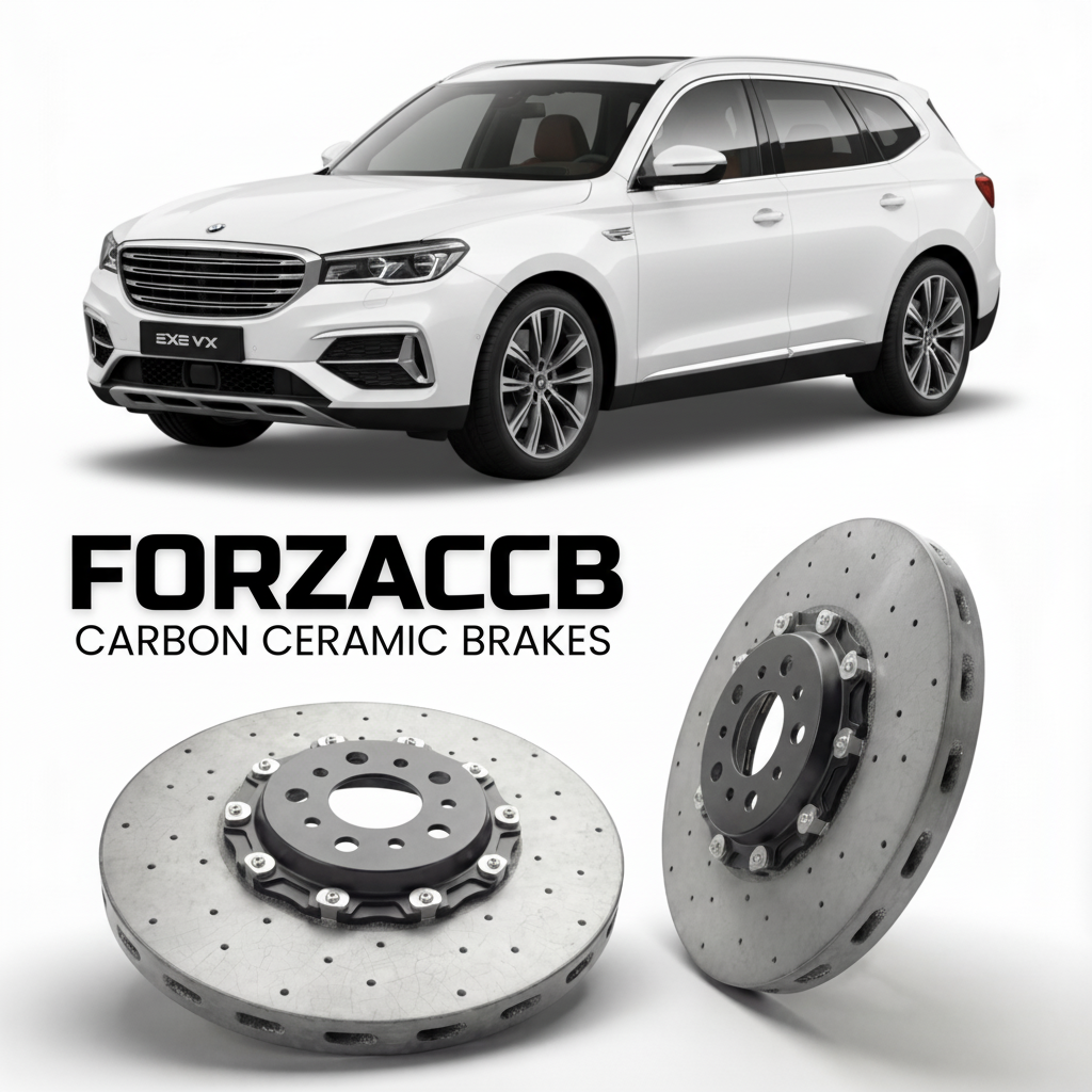 ForzaCCB direct OEM replacement carbon ceramic brake rotors for 2021 to 2023 Exeed VX models, shown with a white Exeed VX car.