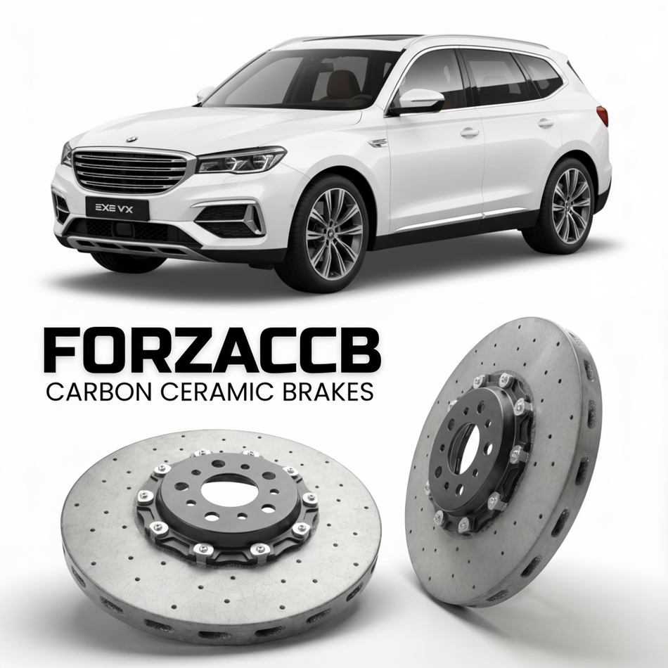ForzaCCB direct OEM replacement carbon ceramic brake rotors for 2021 to 2023 Exeed VX models, shown with a white Exeed VX car.