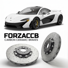 ForzaCCB direct OEM replacement carbon ceramic brake rotors for 2025 McLaren W1 P1 models, shown with a white McLaren W1 car.