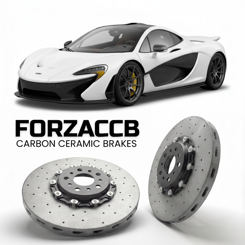 ForzaCCB direct OEM replacement carbon ceramic brake rotors for 2025 McLaren W1 P1 models, shown with a white McLaren W1 car.