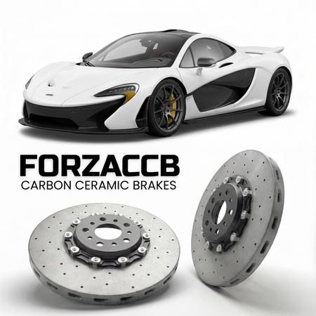 ForzaCCB direct OEM replacement carbon ceramic brake rotors for 2025 McLaren W1 P1 models, shown with a white McLaren W1 car.