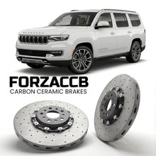 ForzaCCB direct OEM replacement carbon ceramic brake rotors for 2021 and newer Jeep Wagoneer WS models, shown with a white Jeep Wagoneer car.
