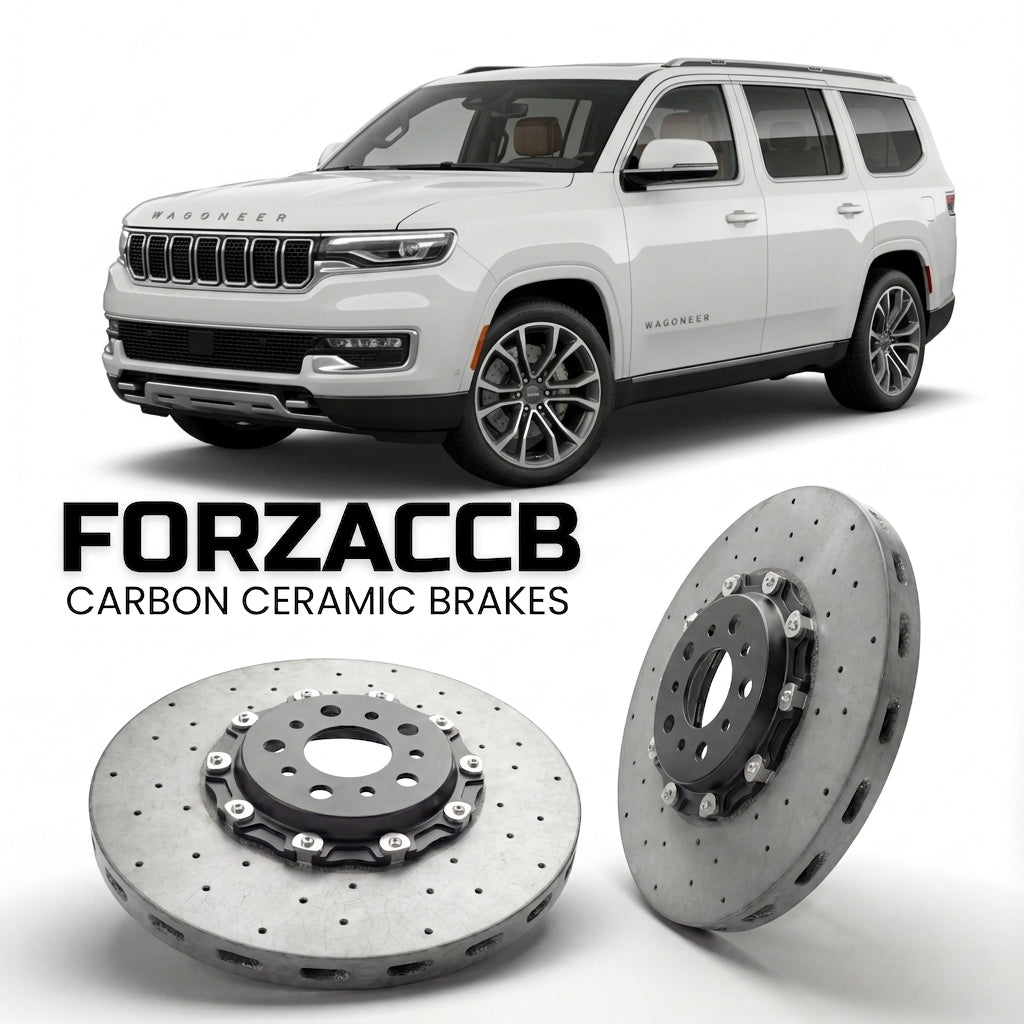ForzaCCB direct OEM replacement carbon ceramic brake rotors for 2021 and newer Jeep Wagoneer WS models, shown with a white Jeep Wagoneer car.