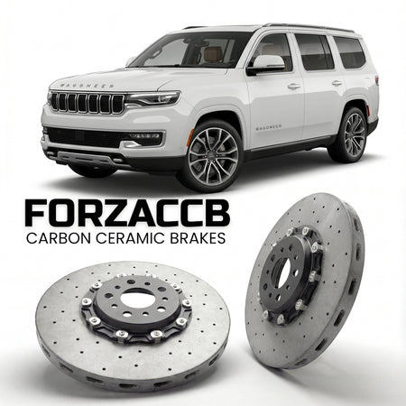 ForzaCCB direct OEM replacement carbon ceramic brake rotors for 2021 and newer Jeep Wagoneer WS models, shown with a white Jeep Wagoneer car.
