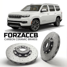 ForzaCCB direct OEM replacement carbon ceramic brake rotors for 2025+) Jeep Wagoneer L (WS, facelift 2025 models, shown with a white Jeep Wagoneer car.