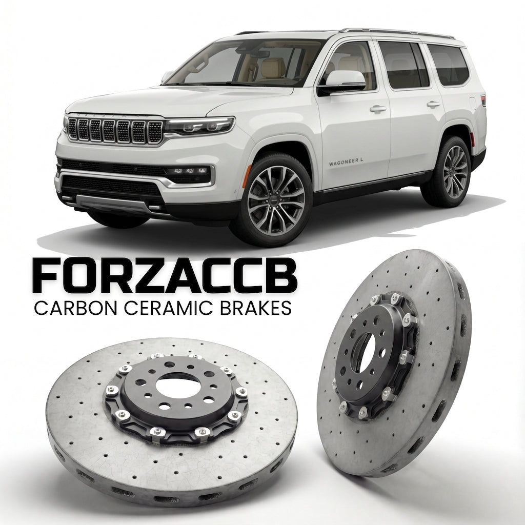 ForzaCCB direct OEM replacement carbon ceramic brake rotors for 2025+) Jeep Wagoneer L (WS, facelift 2025 models, shown with a white Jeep Wagoneer car.