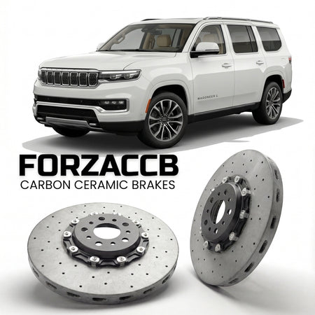ForzaCCB direct OEM replacement carbon ceramic brake rotors for 2025+) Jeep Wagoneer L (WS, facelift 2025 models, shown with a white Jeep Wagoneer car.
