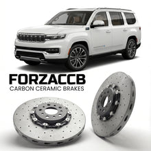 ForzaCCB direct OEM replacement carbon ceramic brake rotors for 2025 and newer Jeep Wagoneer WS, facelift 2025 models, shown with a white Jeep Wagoneer car.