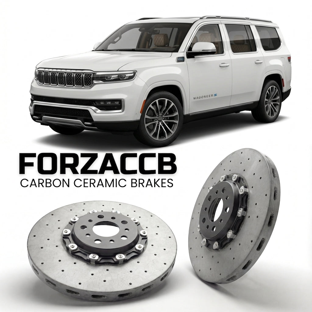 ForzaCCB direct OEM replacement carbon ceramic brake rotors for 2025 and newer Jeep Wagoneer WS, facelift 2025 models, shown with a white Jeep Wagoneer car.