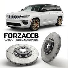 ForzaCCB direct OEM replacement carbon ceramic brake rotors for 2024 and newer Jeep Wagoneer S models, shown with a white Jeep Wagoneer S car.