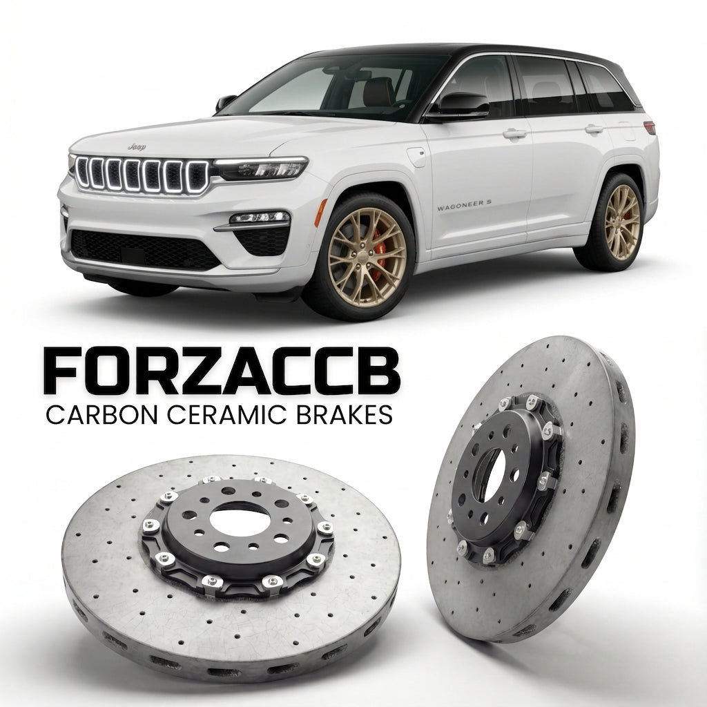 ForzaCCB direct OEM replacement carbon ceramic brake rotors for 2024 and newer Jeep Wagoneer S models, shown with a white Jeep Wagoneer S car.