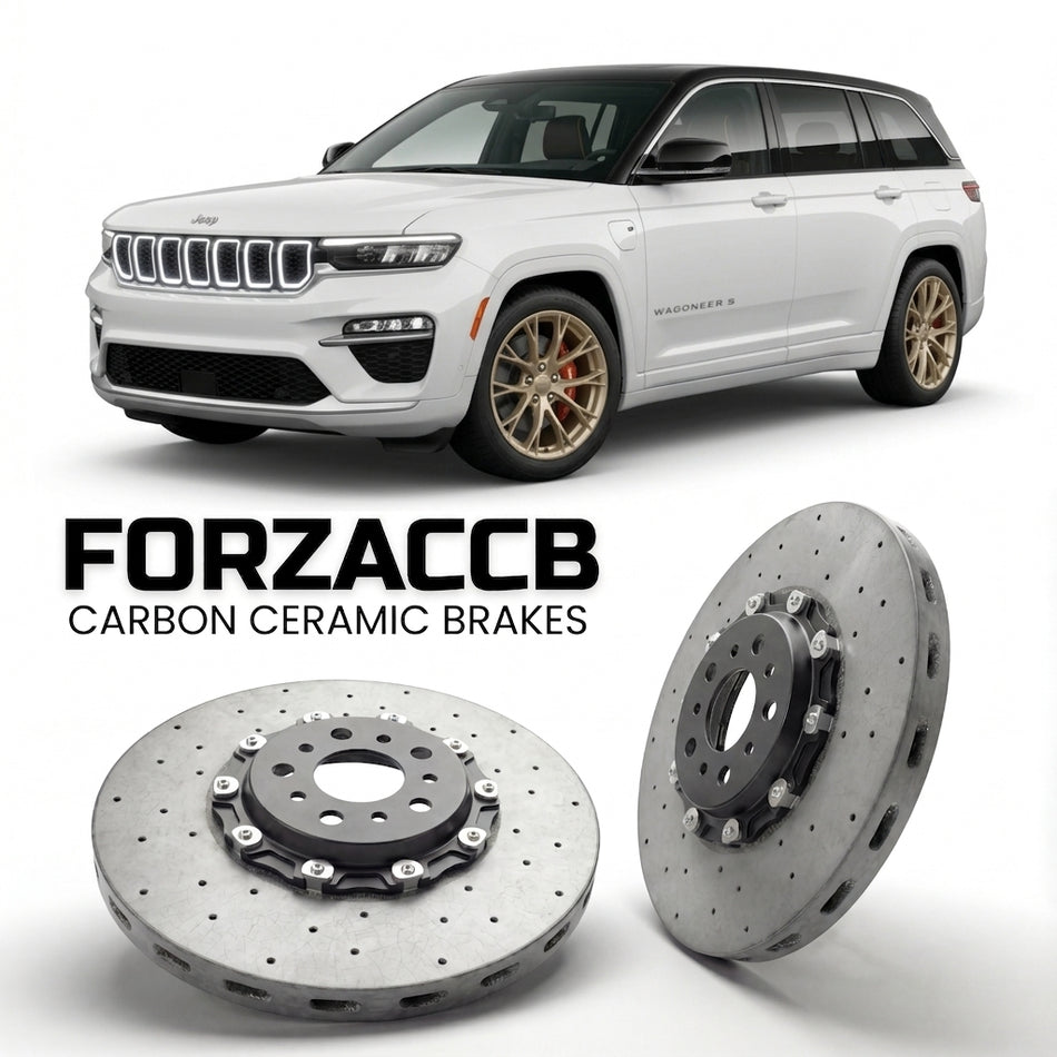 ForzaCCB direct OEM replacement carbon ceramic brake rotors for 2024 and newer Jeep Wagoneer S models, shown with a white Jeep Wagoneer S car.