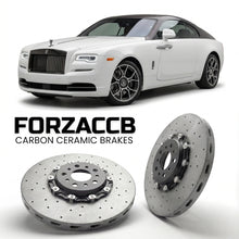 ForzaCCB direct OEM replacement carbon ceramic brake rotors for 2013 and newer Rolls-Royce Wraith models, shown with a white Rolls-Royce Wraith car.